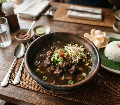 Suasana meja makan Rawon Gusti dengan sajian rawon