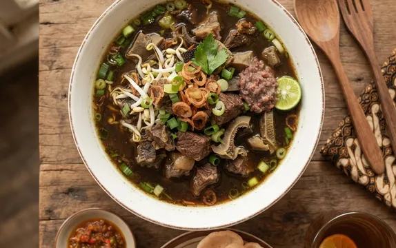Semangkuk rawon campur dengan isian beragam