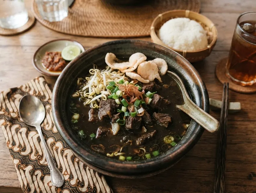Semangkuk rawon daging dengan kuah kluwek gelap
